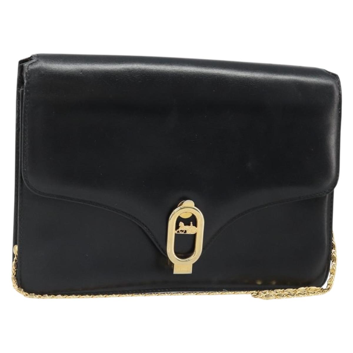 CELINE Chain Shoulder Bag Leather Black Gold Auth 187388