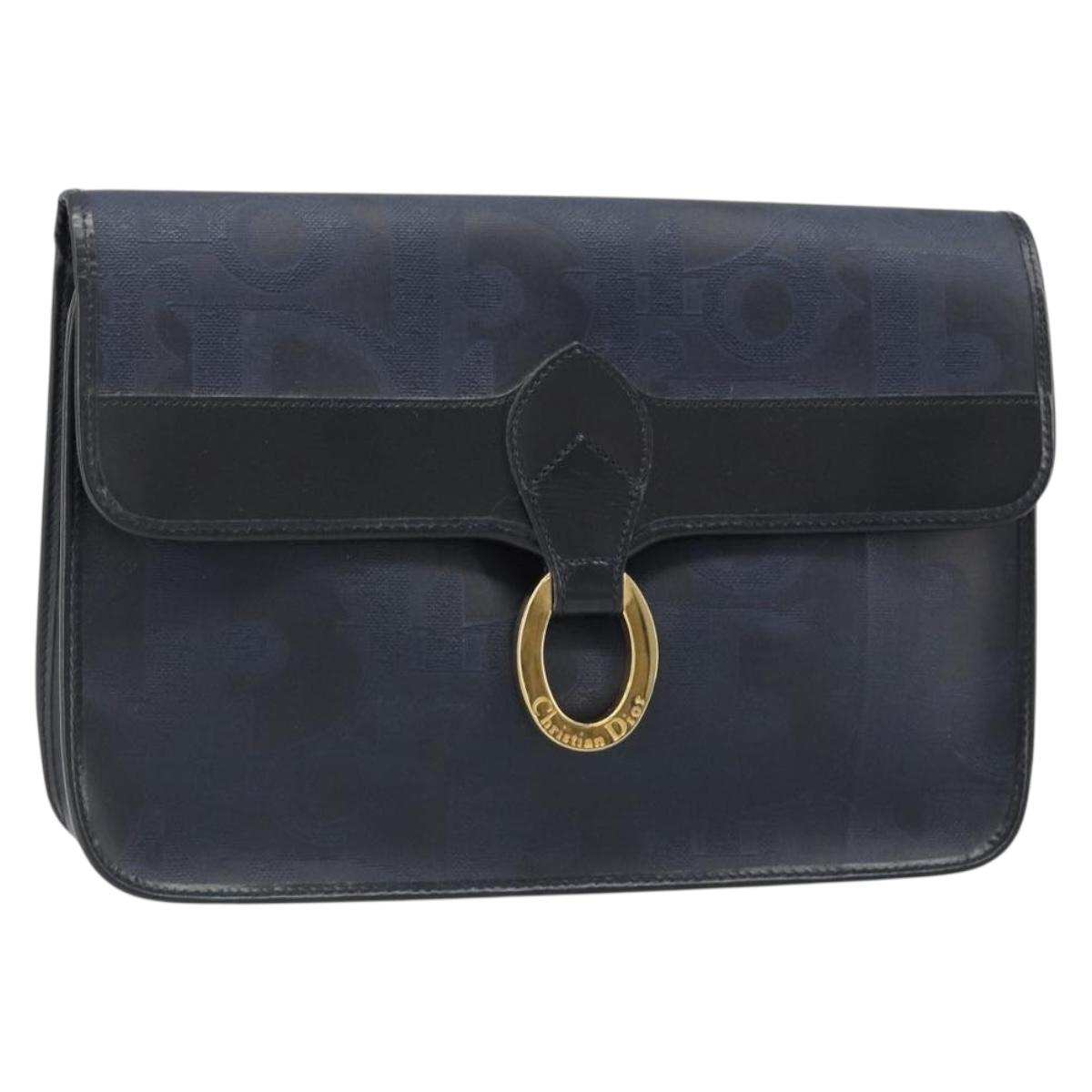 Christian Dior Trotter Canvas Vintage Clutch Bag PVC Navy Gold Auth 187390