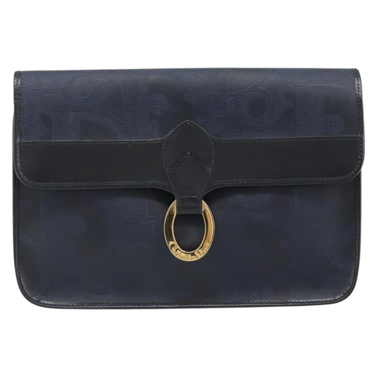 Christian Dior Trotter Canvas Vintage Clutch Bag PVC Navy Gold Auth 187390