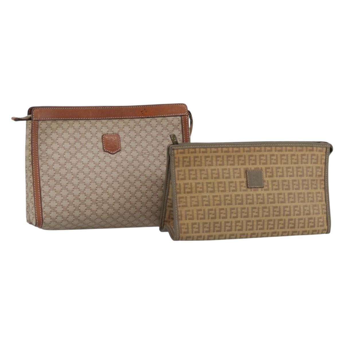 CELINE Fendi Macadam Canvas Zucchino Canvas Bag PVC 2 Set Beige Auth 187404