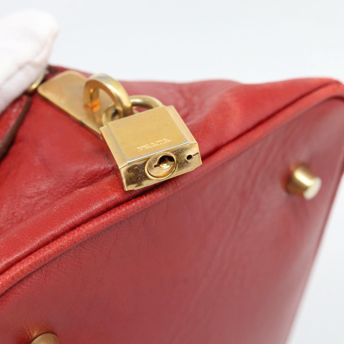 PRADA Hand Bag Leather Red Gold Auth 187417A