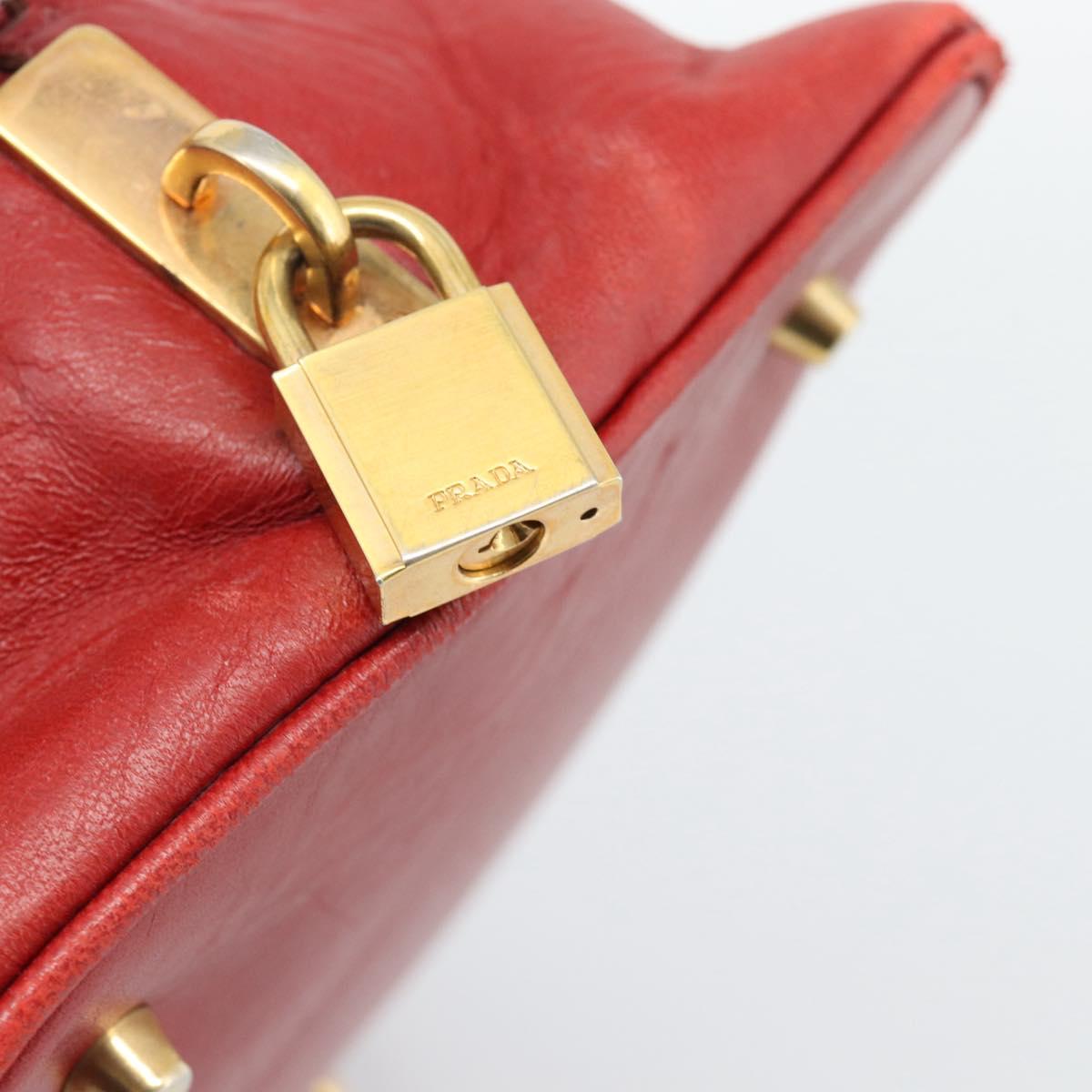 PRADA Hand Bag Leather Red Gold Auth 187417A