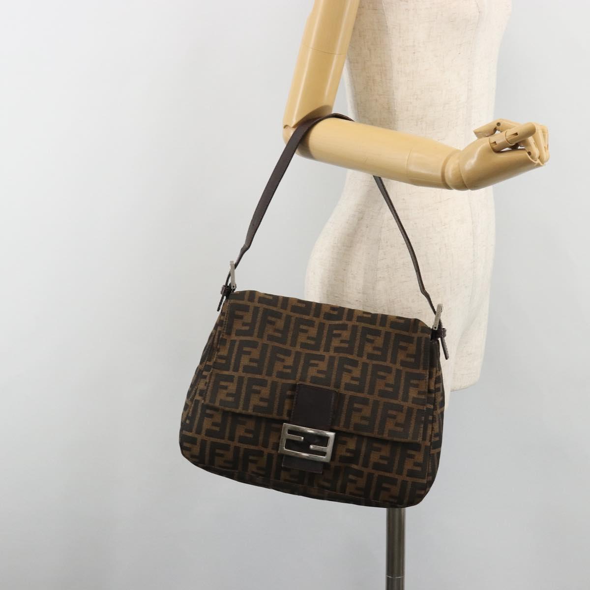 FENDI Zucca Canvas Mamma Baguette Shoulder Bag Black Silver Brown Auth 187420V