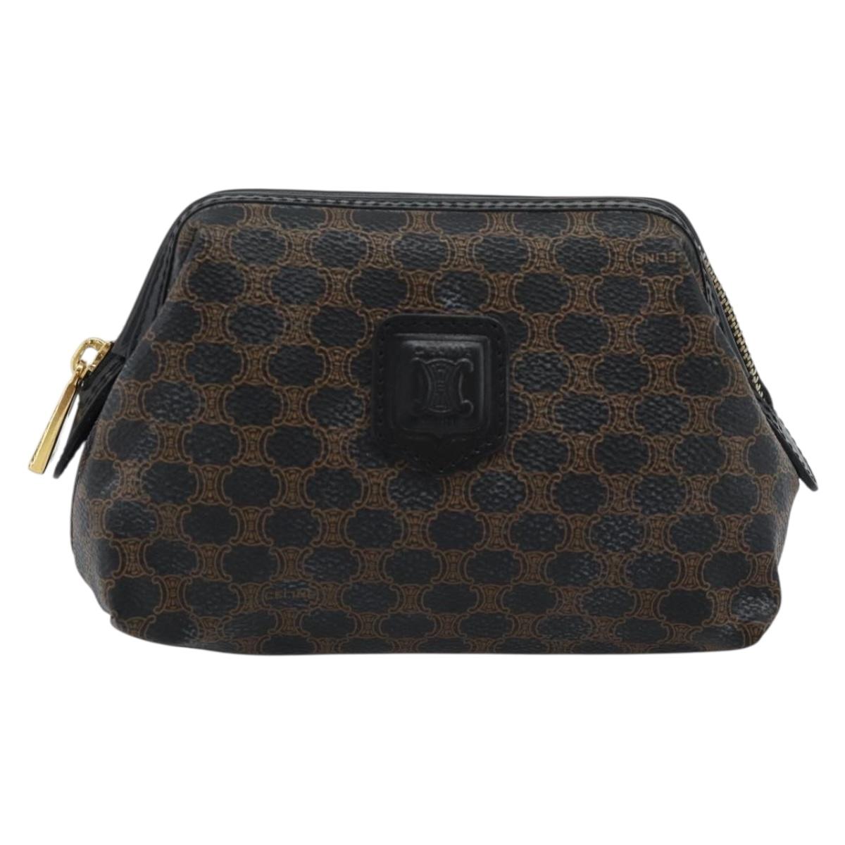CELINE Macadam Canvas Pouch PVC Leather Black Gold Auth 187427V