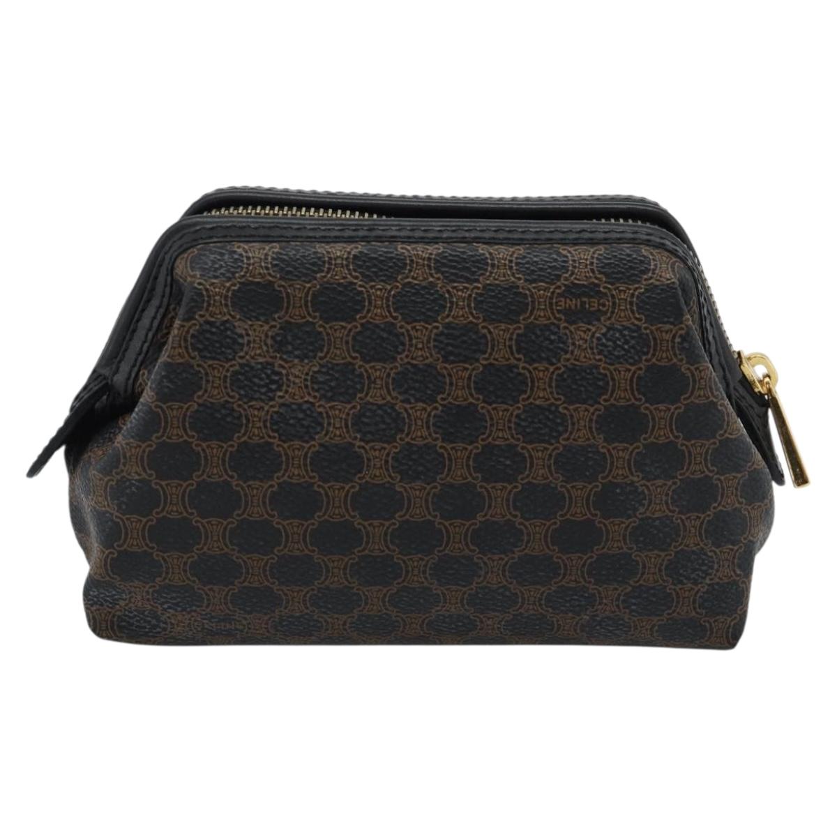 CELINE Macadam Canvas Pouch PVC Leather Black Gold Auth 187427V