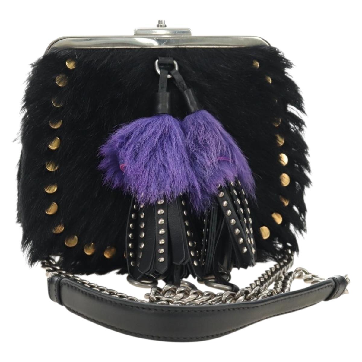 PRADA Chain Shoulder Bag Fur Black Silver Auth 187435SAM