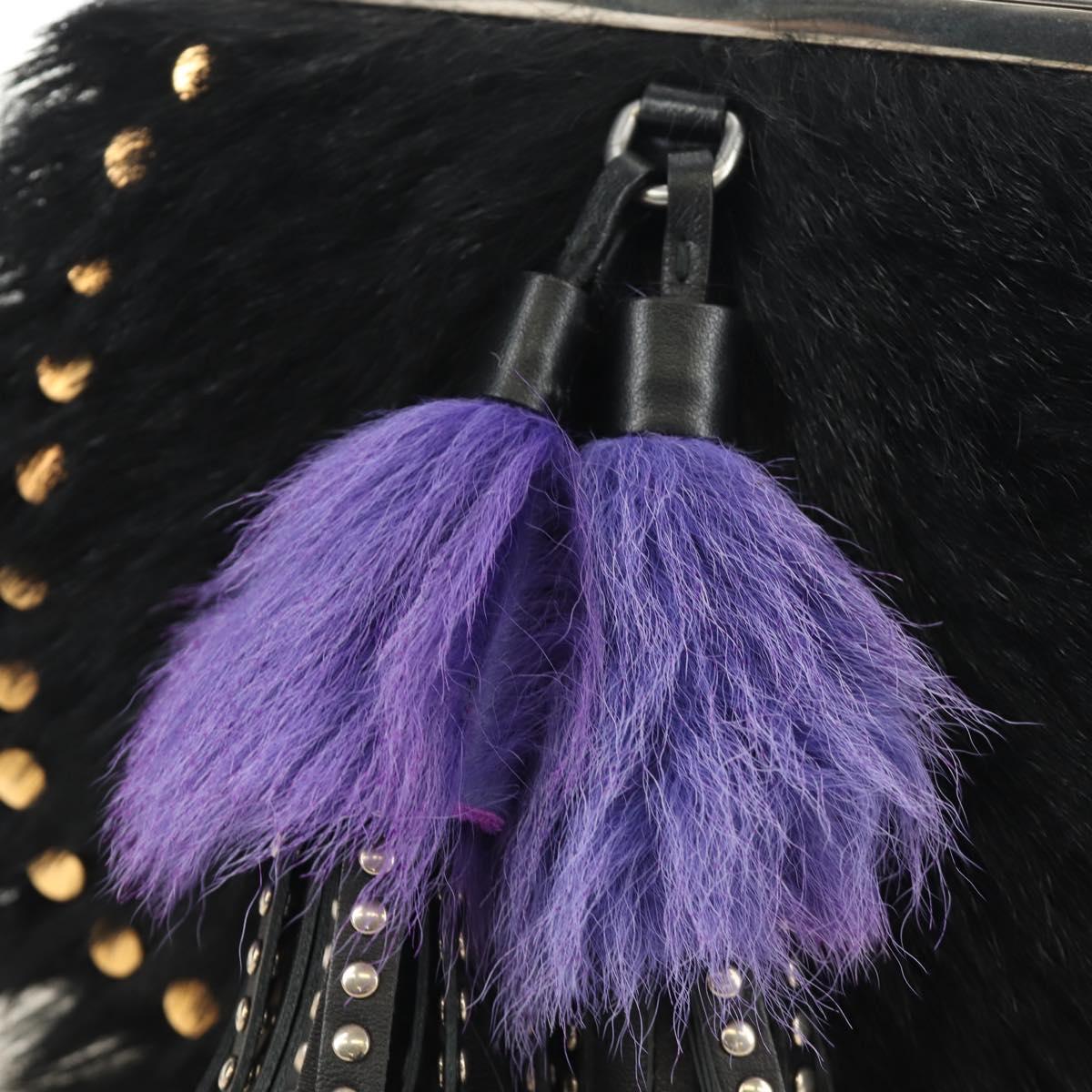 PRADA Chain Shoulder Bag Fur Black Silver Auth 187435SAM