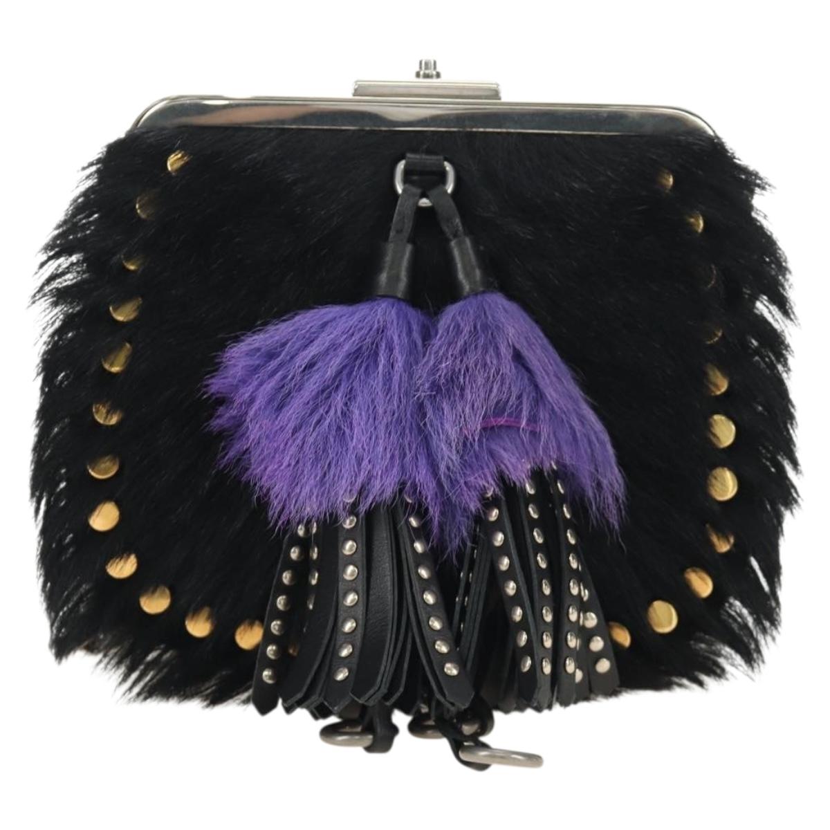 PRADA Chain Shoulder Bag Fur Black Silver Auth 187435SAM