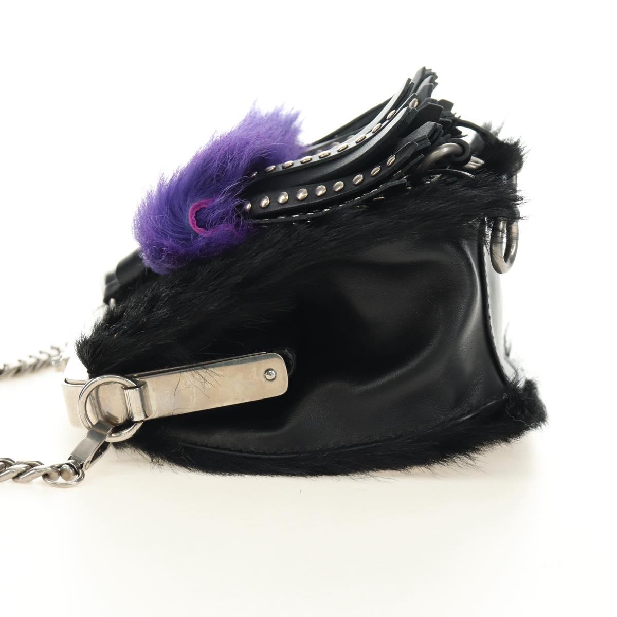 PRADA Chain Shoulder Bag Fur Black Silver Auth 187435SAM