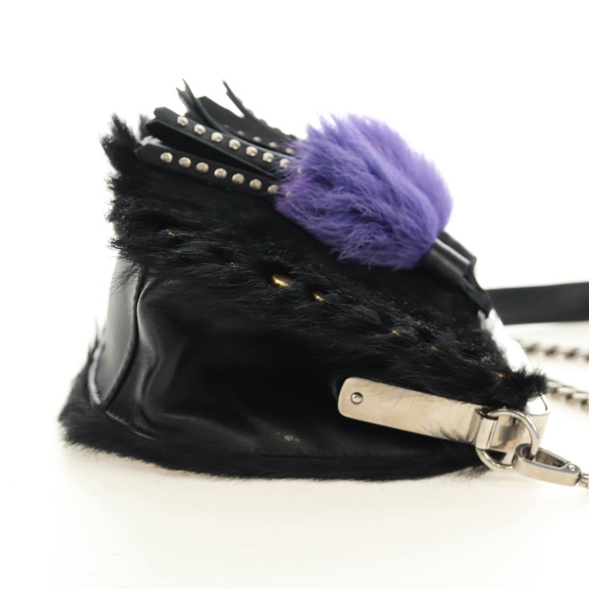 PRADA Chain Shoulder Bag Fur Black Silver Auth 187435SAM