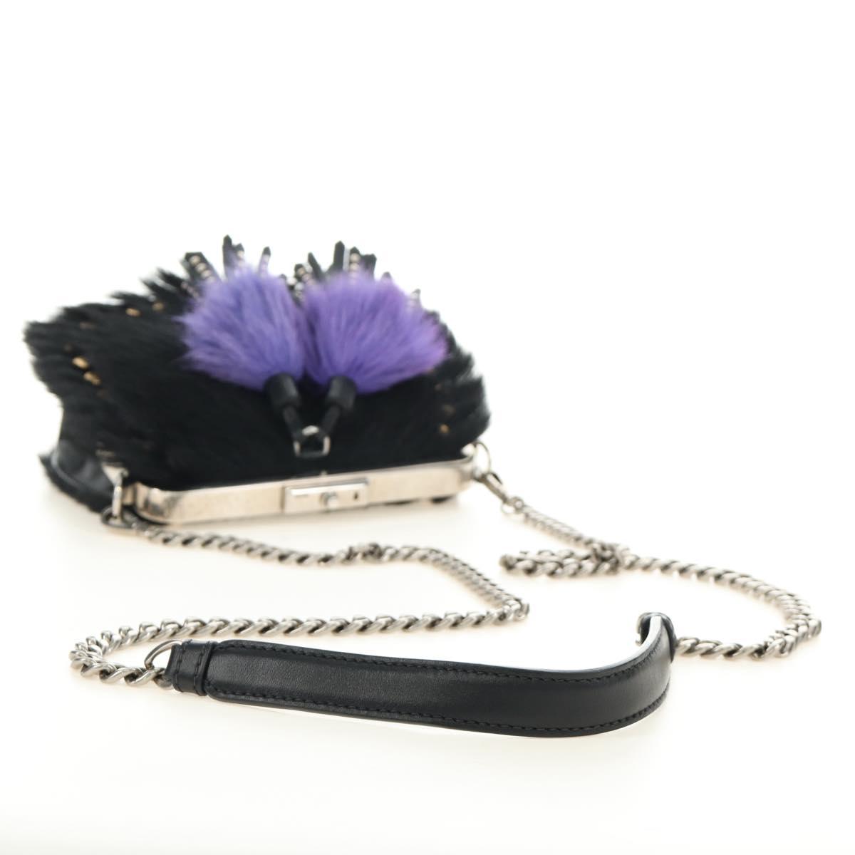 PRADA Chain Shoulder Bag Fur Black Silver Auth 187435SAM