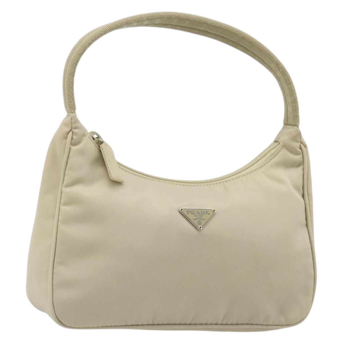 PRADA Hand Pouch Hand Bag Nylon Ivory Silver Auth 187440A