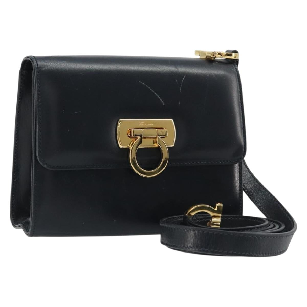 Salvatore Ferragamo Gancini Shoulder Bag Leather Navy Gold Auth 187453