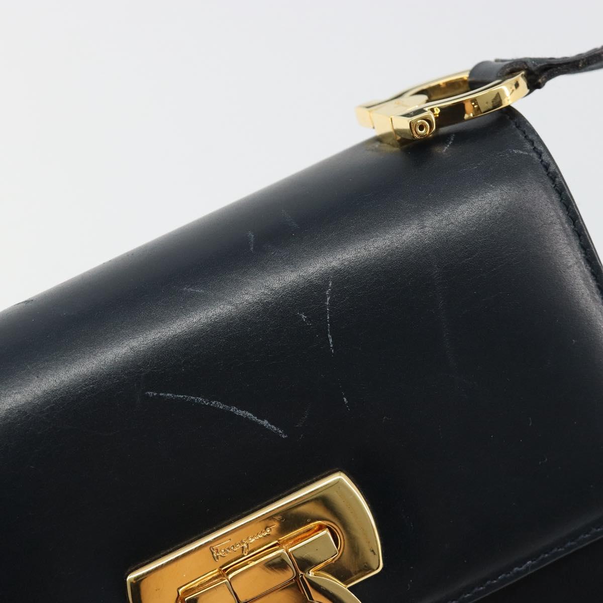 Salvatore Ferragamo Gancini Shoulder Bag Leather Navy Gold Auth 187453
