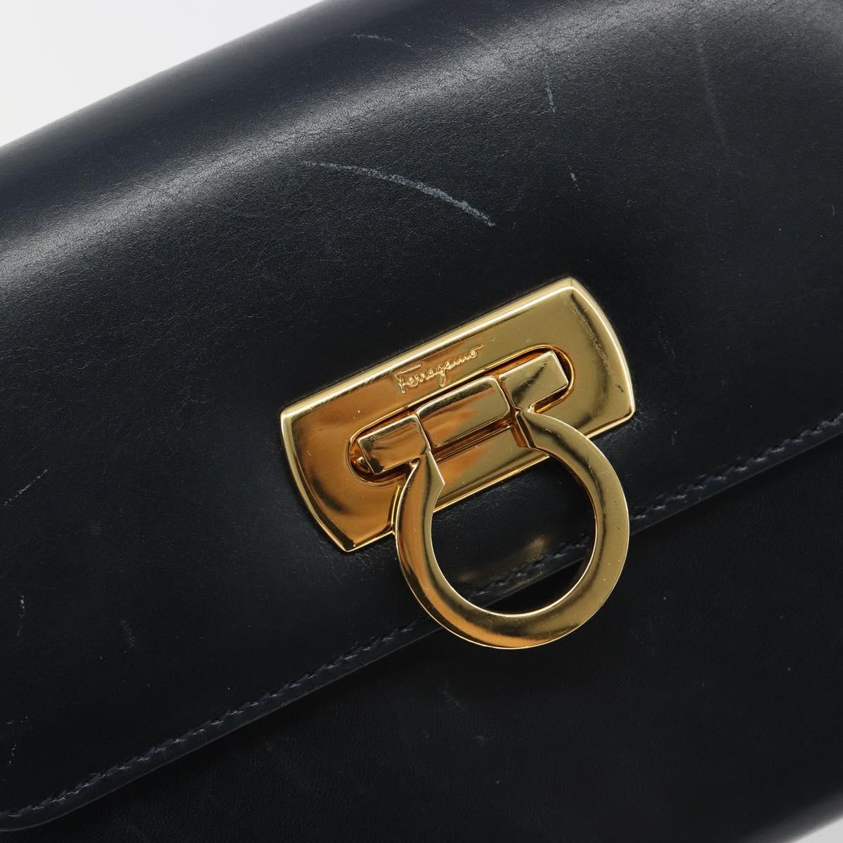 Salvatore Ferragamo Gancini Shoulder Bag Leather Navy Gold Auth 187453