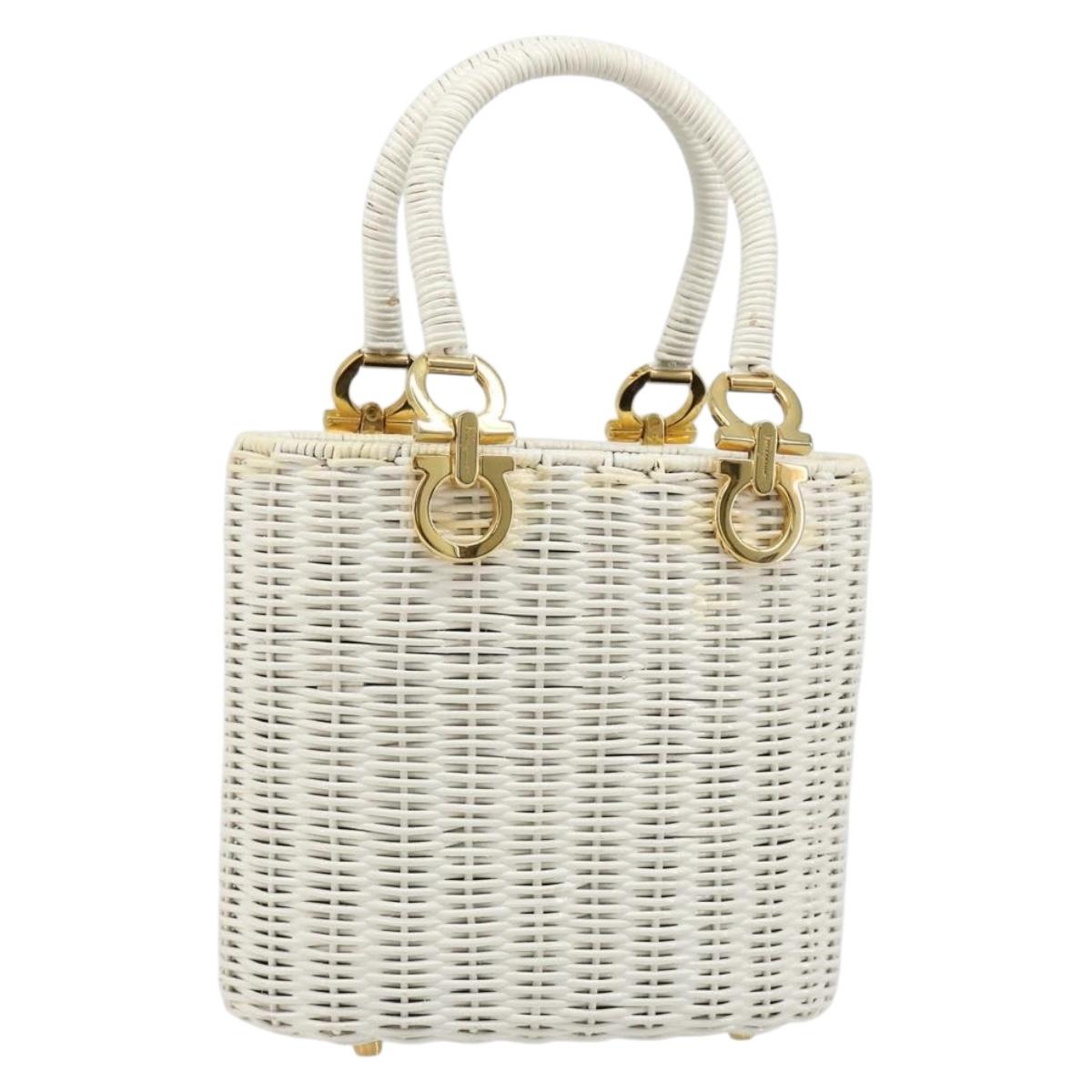 Salvatore Ferragamo Gancini Hand Bag Rattan White Gold Auth 187454V