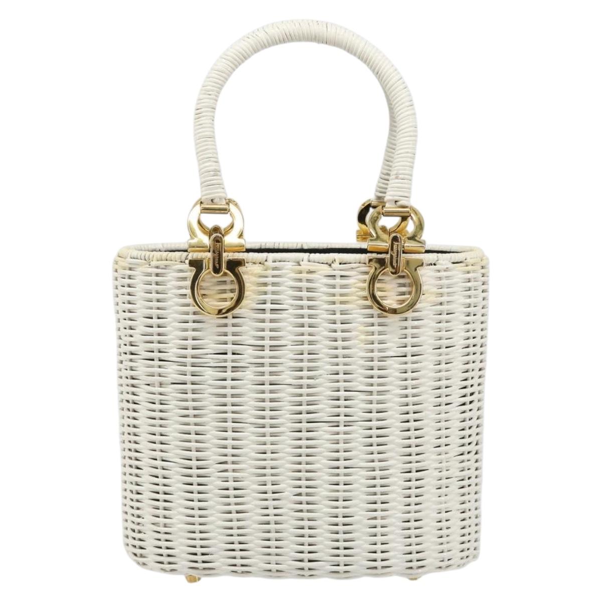 Salvatore Ferragamo Gancini Hand Bag Rattan White Gold Auth 187454V