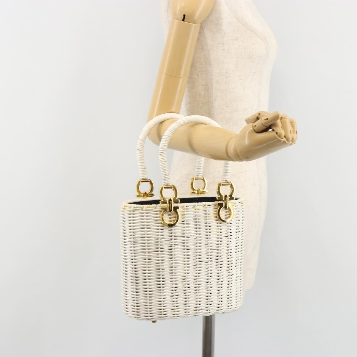 Salvatore Ferragamo Gancini Hand Bag Rattan White Gold Auth 187454V