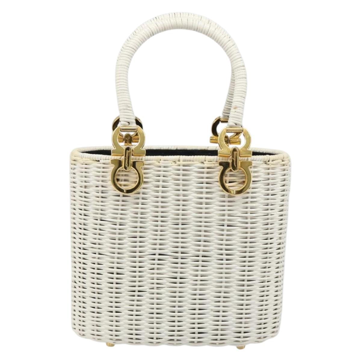 Salvatore Ferragamo Gancini Hand Bag Rattan White Gold Auth 187454V