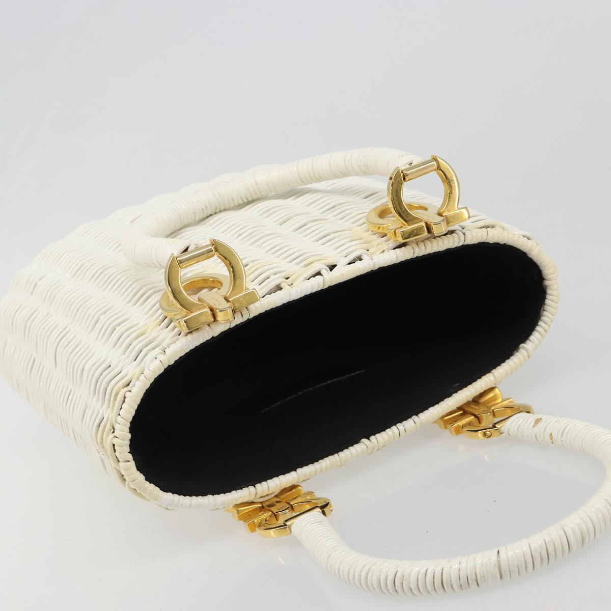 Salvatore Ferragamo Gancini Hand Bag Rattan White Gold Auth 187454V