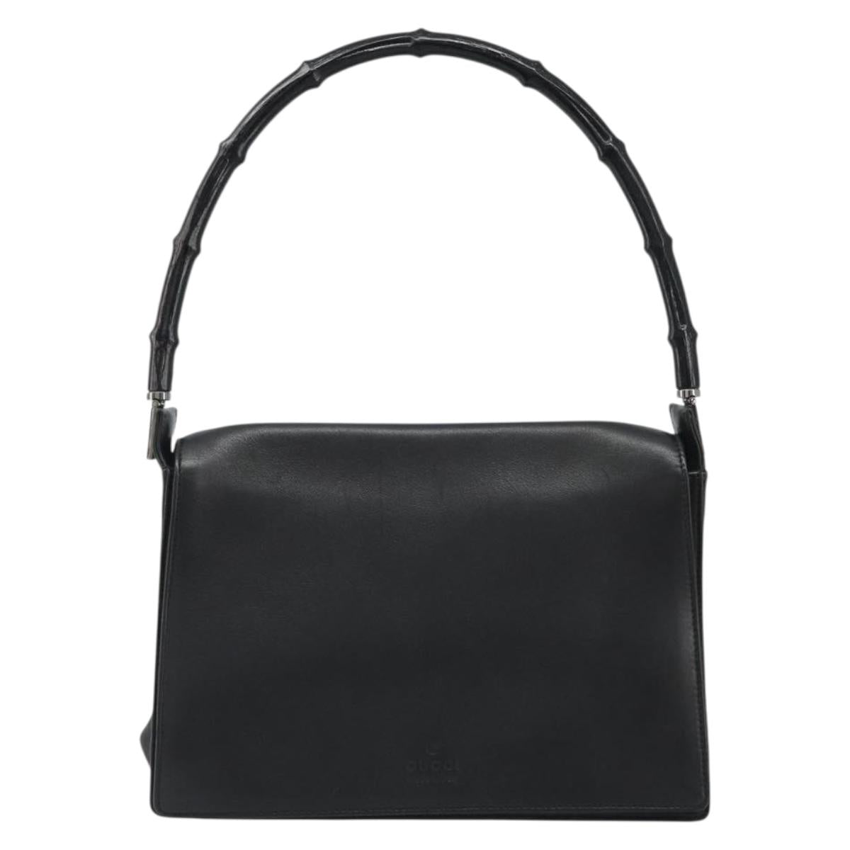 GUCCI Bamboo Shoulder Bag Leather Black Silver Auth 187466V