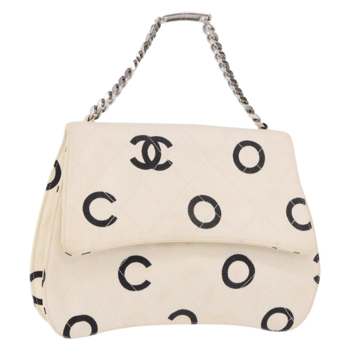 CHANEL Matelasse Chain Hand Bag Canvas White Silver CC Auth 187495V