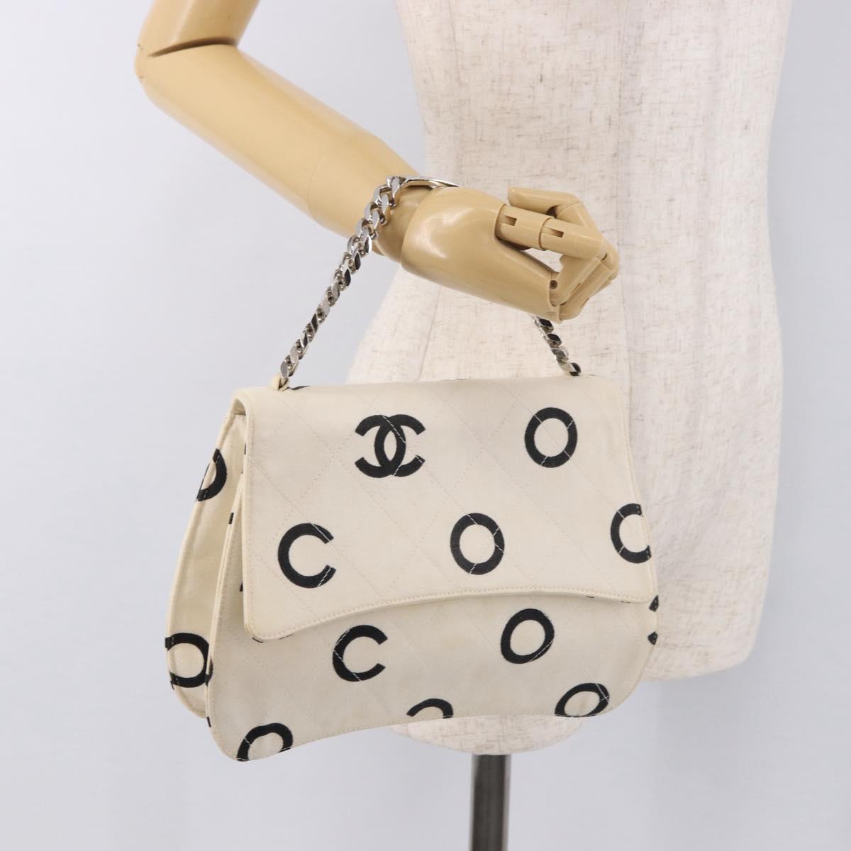 CHANEL Matelasse Chain Hand Bag Canvas White Silver CC Auth 187495V