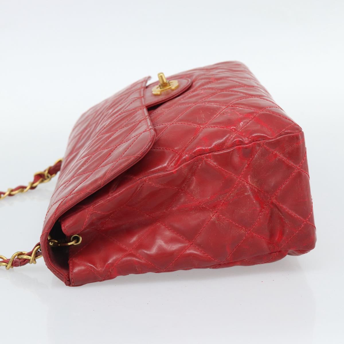 CHANEL Matelasse Chain Shoulder Bag Patent leather Red Gold CC Auth 187496