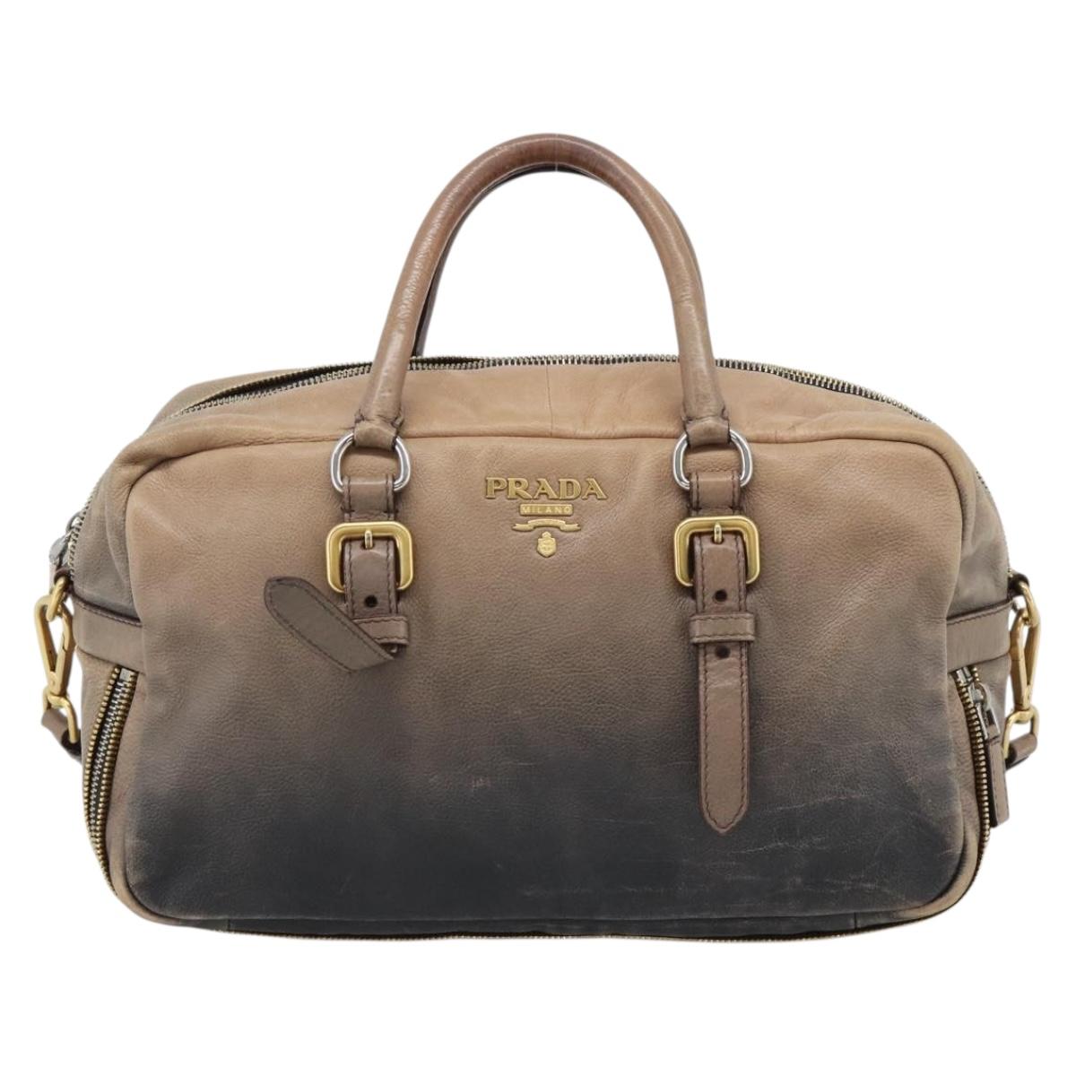 PRADA Hand Bag Leather 2way Beige Gold Auth 187498A