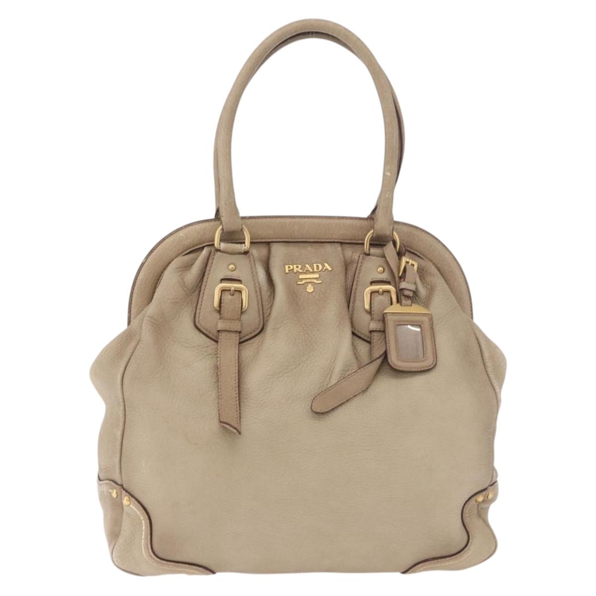 PRADA Hand Bag Leather Beige Gold Auth 187499