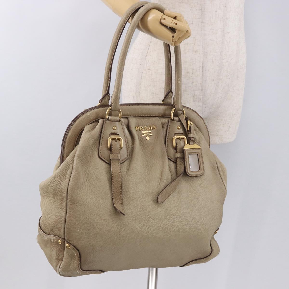PRADA Hand Bag Leather Beige Gold Auth 187499