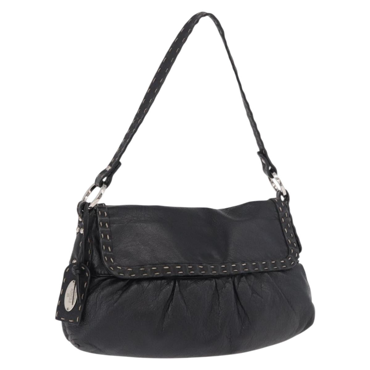 FENDI Celeria Shoulder Bag Leather Black Silver Auth 187501A