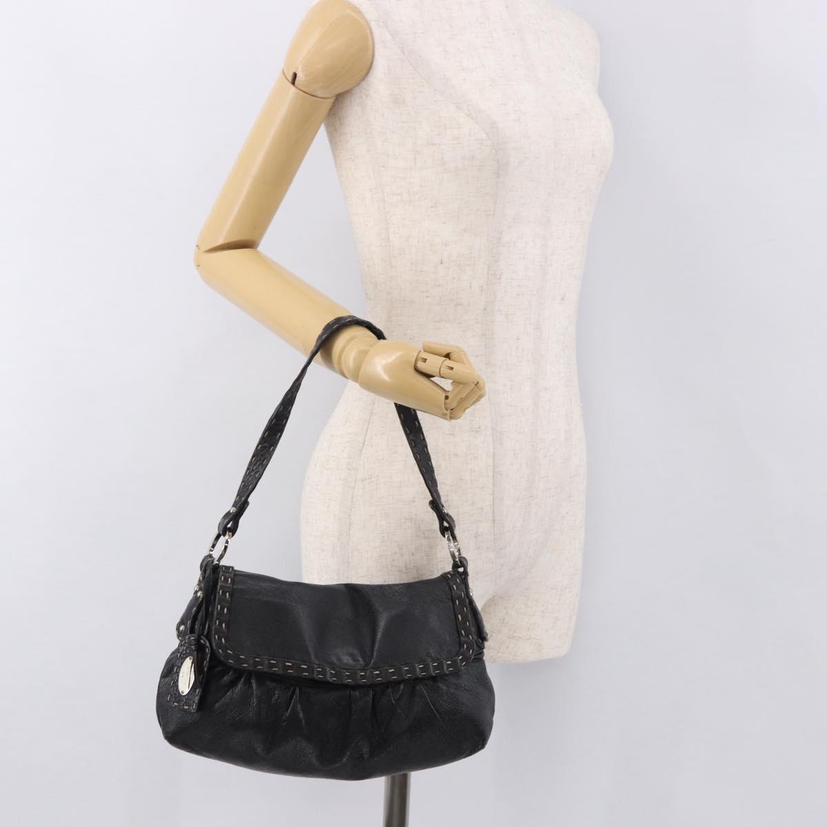 FENDI Celeria Shoulder Bag Leather Black Silver Auth 187501A
