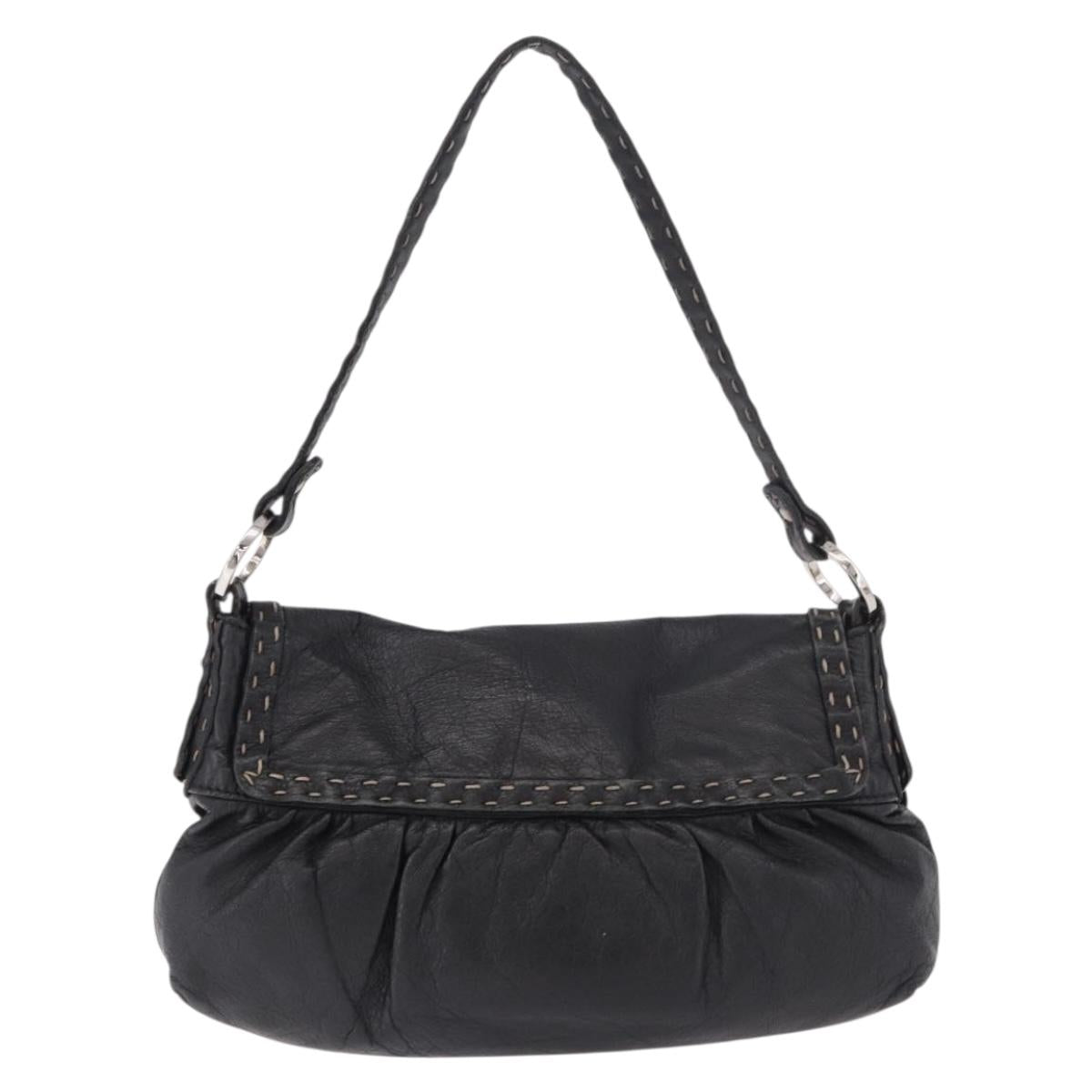 FENDI Celeria Shoulder Bag Leather Black Silver Auth 187501A