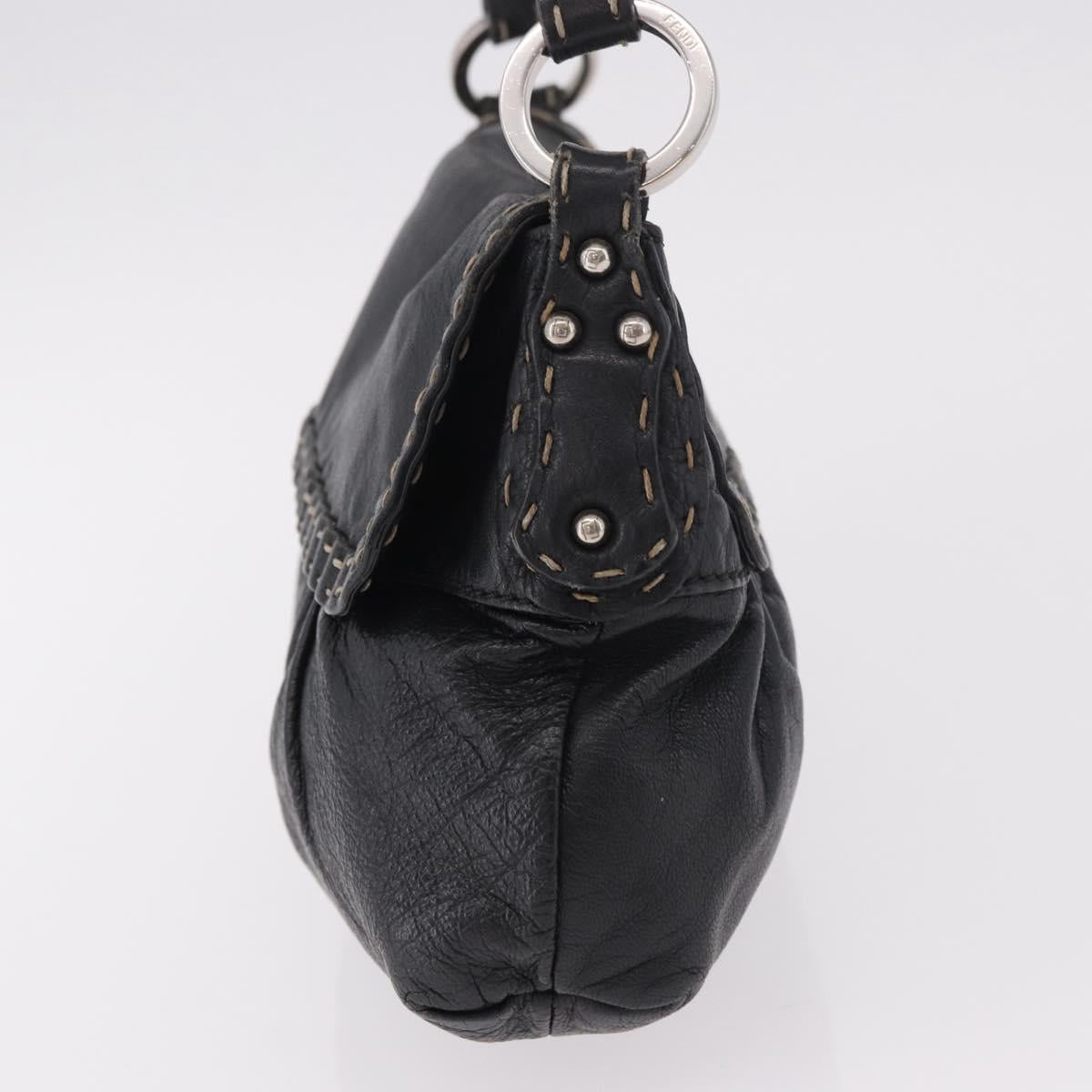 FENDI Celeria Shoulder Bag Leather Black Silver Auth 187501A