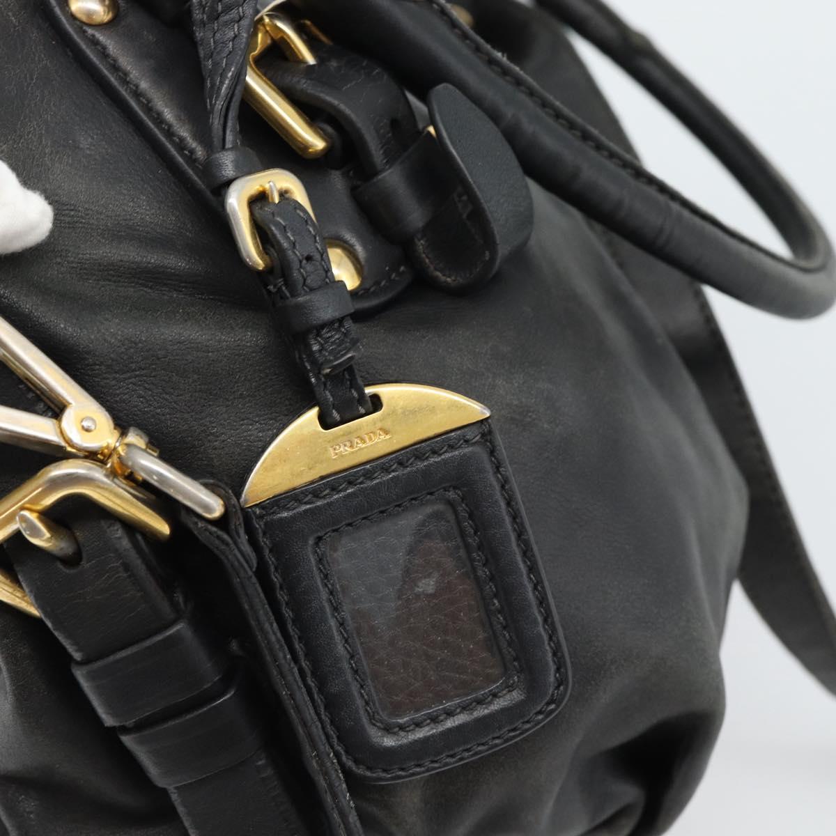 PRADA Hand Bag Leather 2way Black Gold Auth 187551