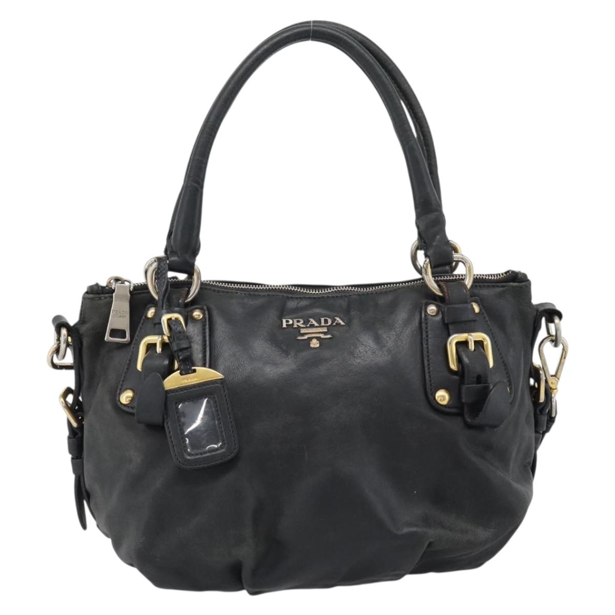PRADA Hand Bag Leather 2way Black Gold Auth 187551