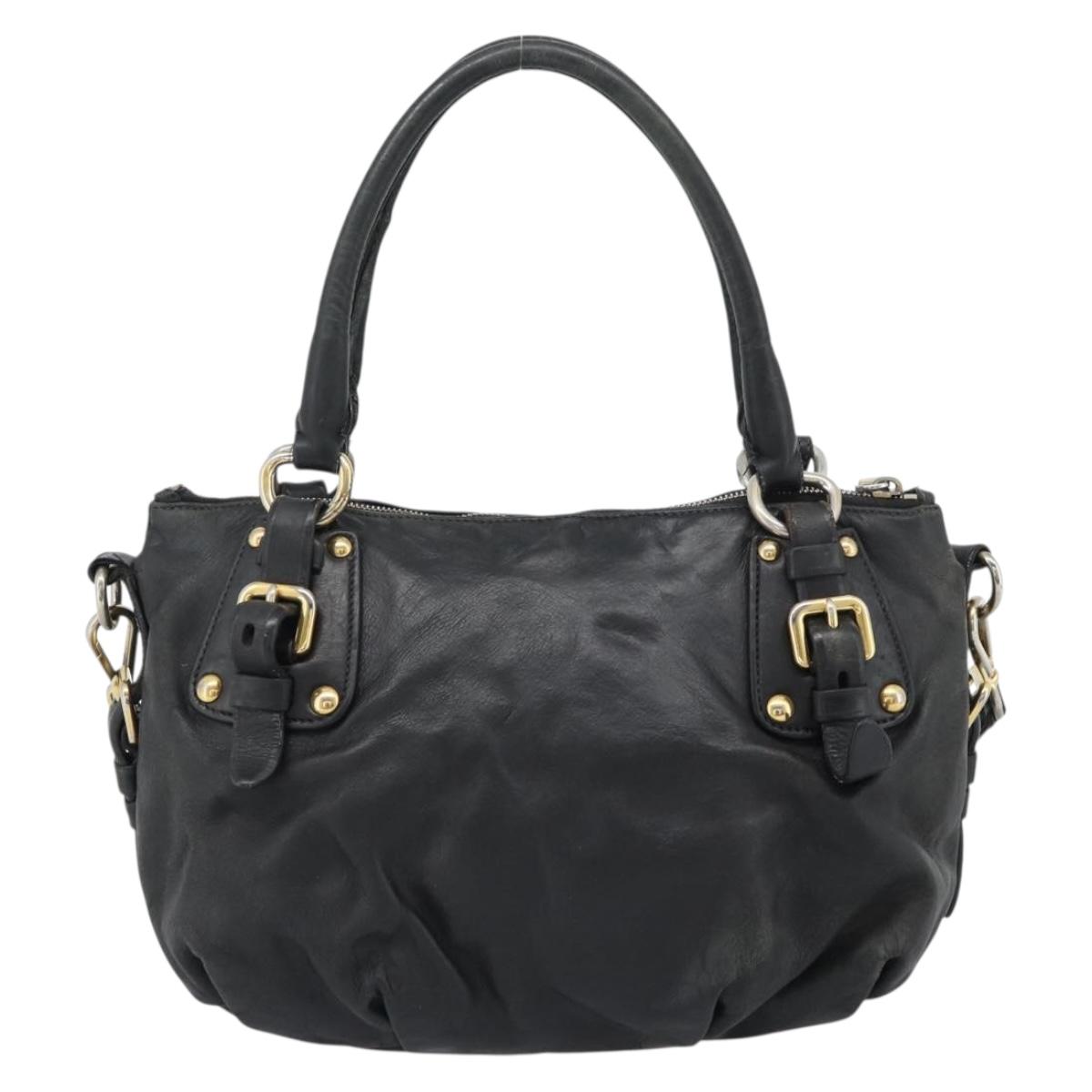 PRADA Hand Bag Leather 2way Black Gold Auth 187551