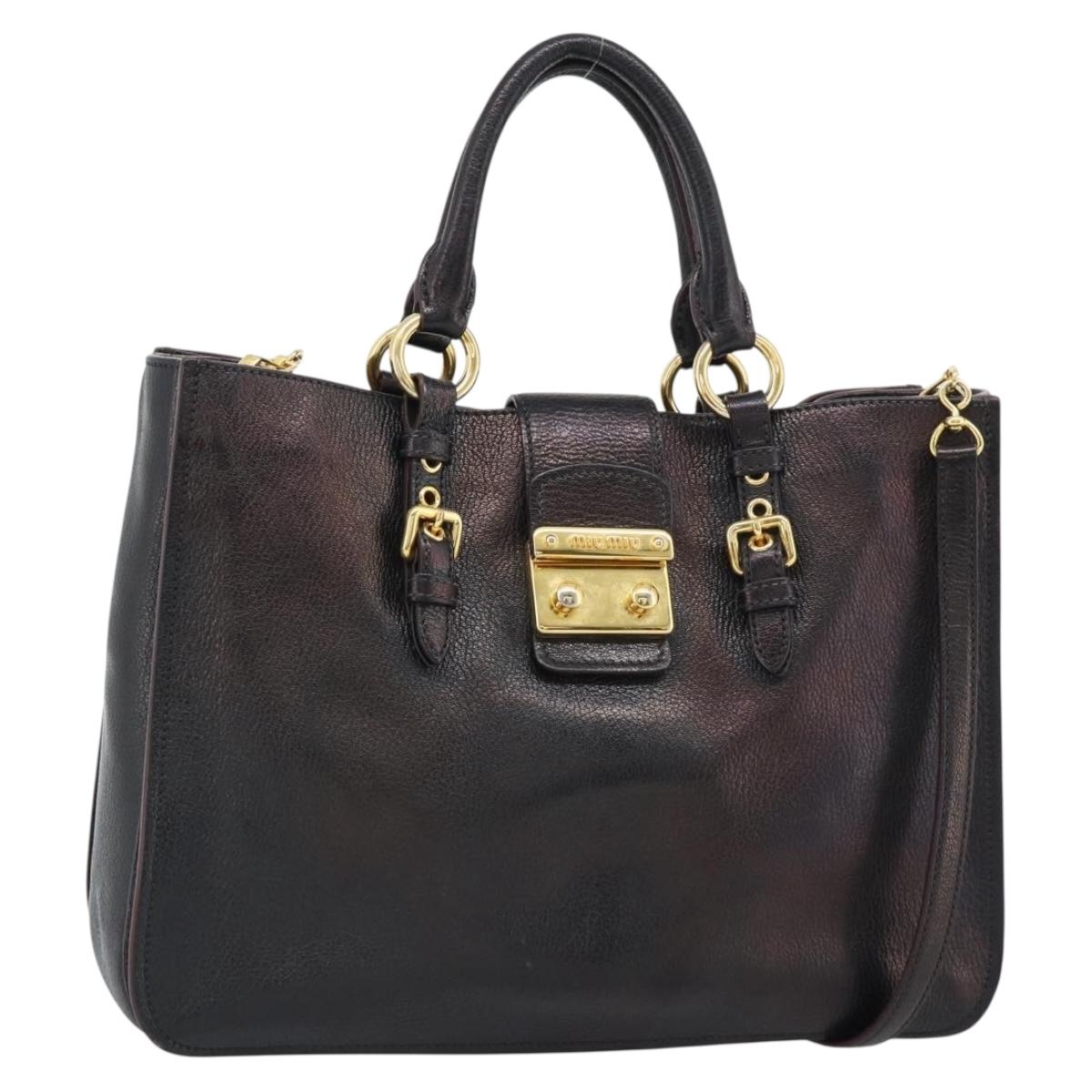 Miu Miu Madras Hand Bag Leather 2way Black Gold Auth 187556A