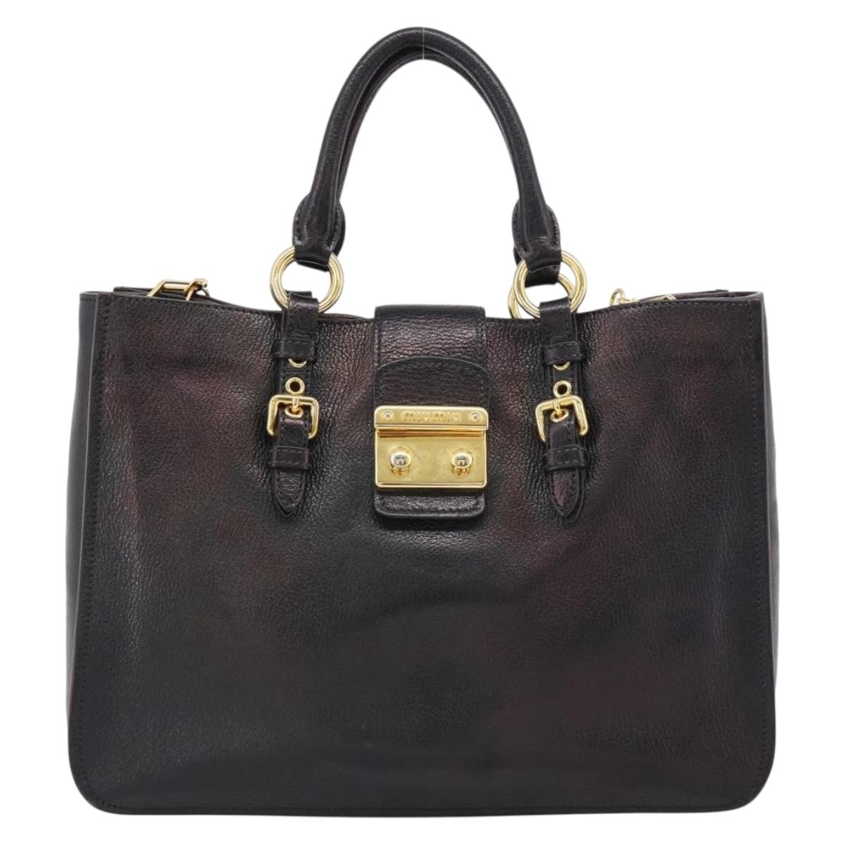 Miu Miu Madras Hand Bag Leather 2way Black Gold Auth 187556A