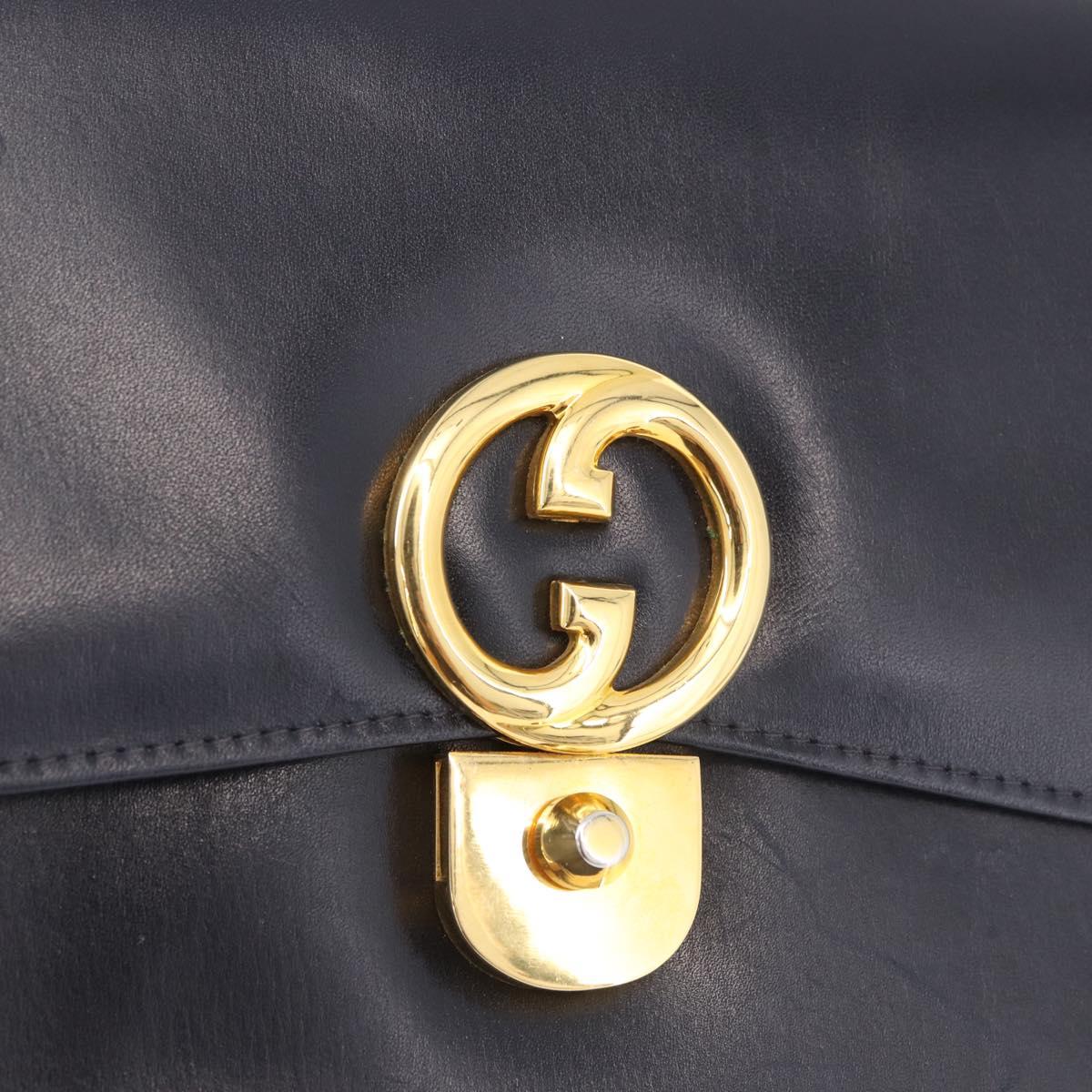 GUCCI Hand Bag Leather Navy Gold Auth 187557A