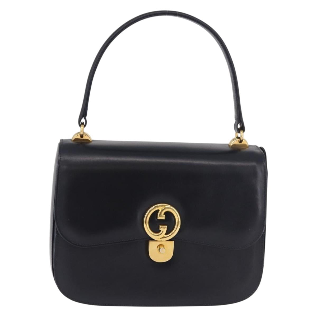 GUCCI Hand Bag Leather Navy Gold Auth 187557A