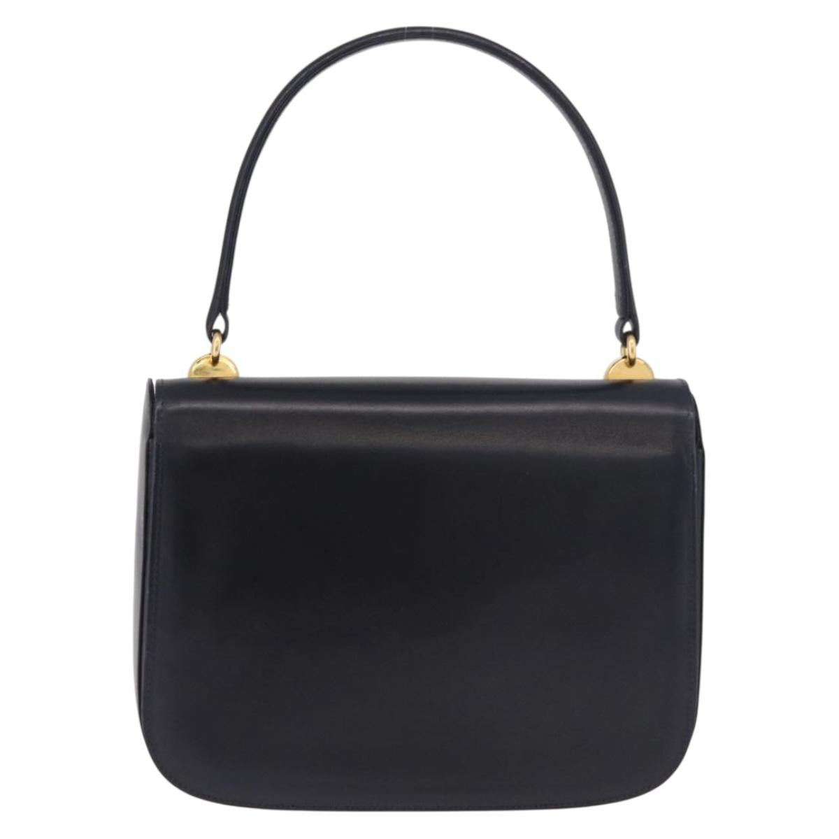 GUCCI Hand Bag Leather Navy Gold Auth 187557A