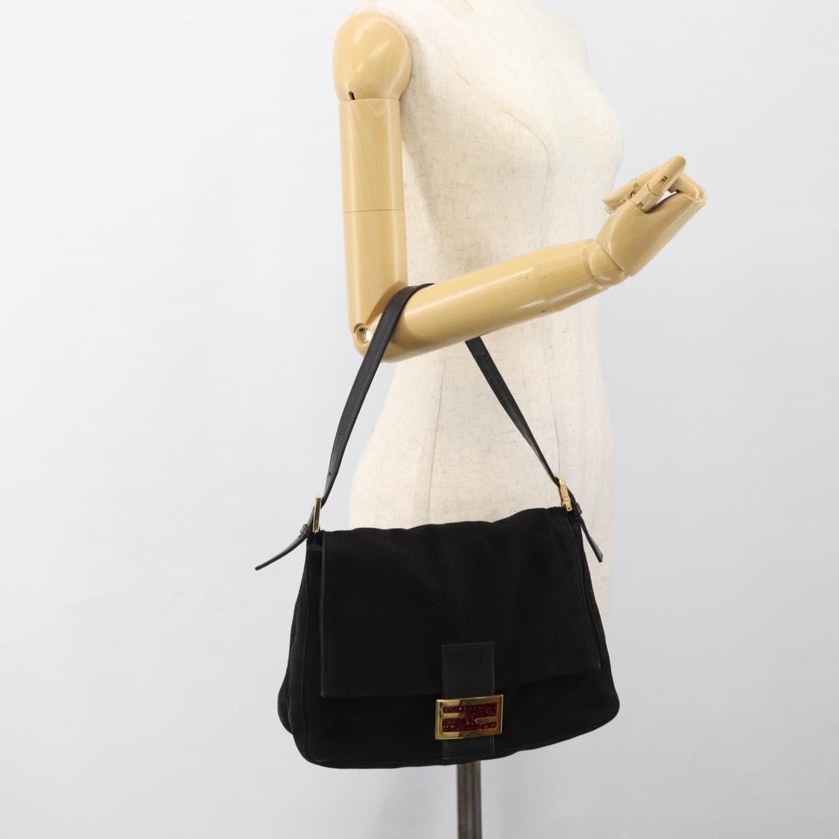 FENDI Mamma Baguette Shoulder Bag Suede Black Gold Auth 187561SAM