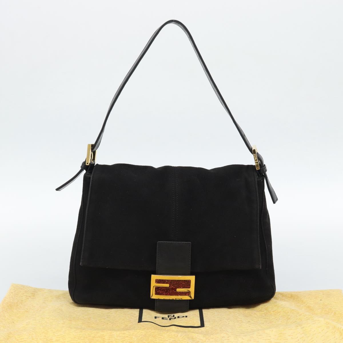FENDI Mamma Baguette Shoulder Bag Suede Black Gold Auth 187561SAM