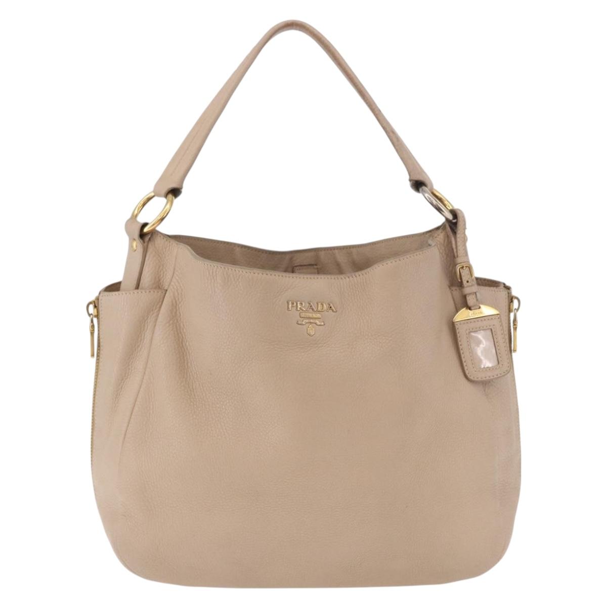 PRADA Hand Bag Vittero Dino Leather Beige Gold Auth 187572A