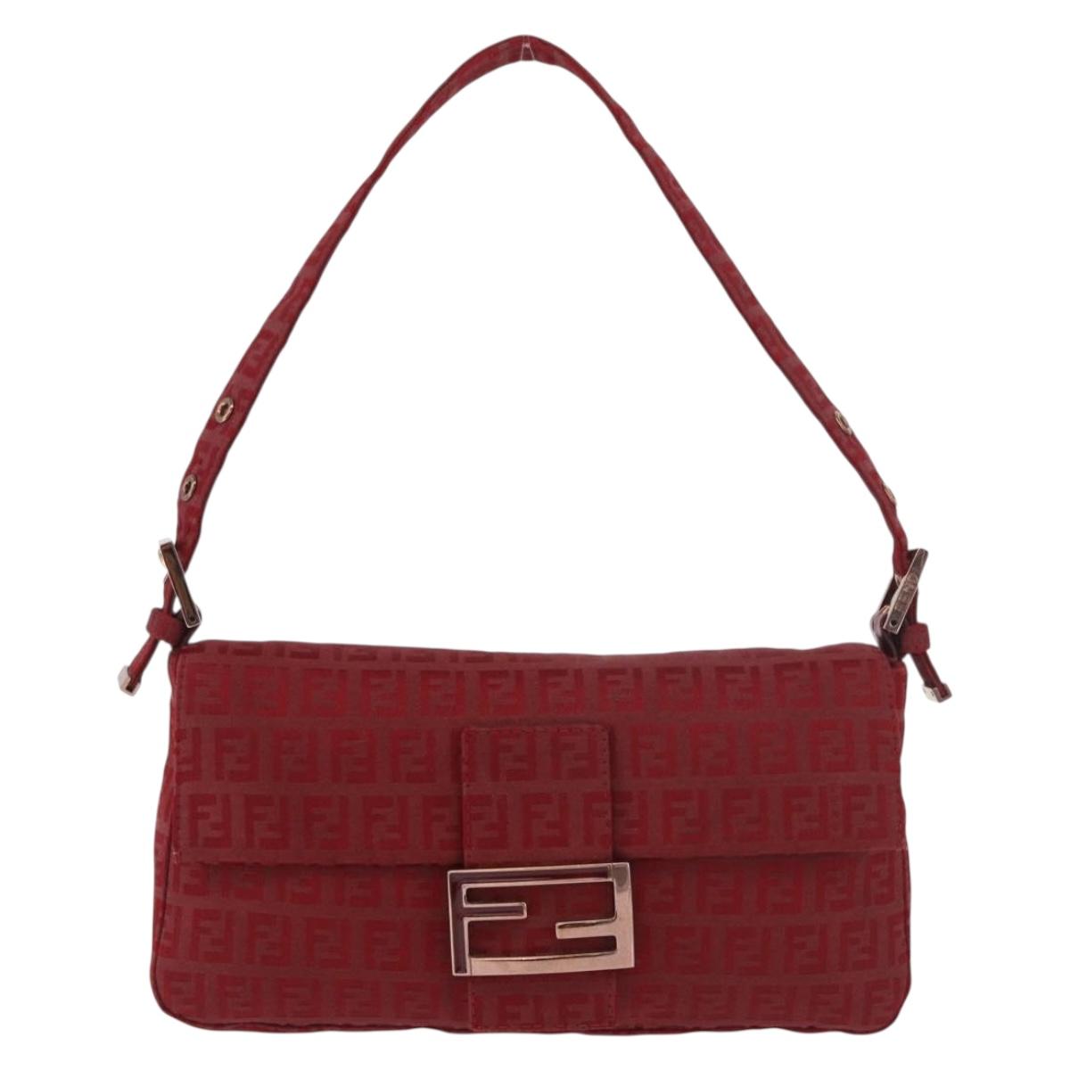 FENDI Zucchino Canvas Mamma Baguette Shoulder Bag Red Gold Auth 187576SAM