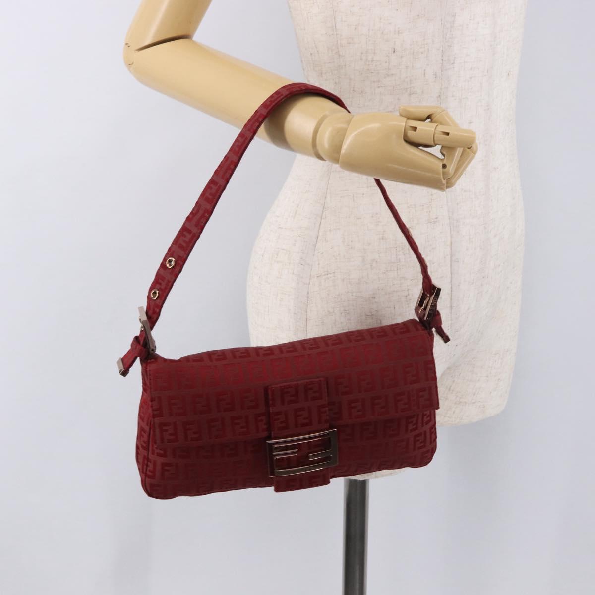 FENDI Zucchino Canvas Mamma Baguette Shoulder Bag Red Gold Auth 187576SAM