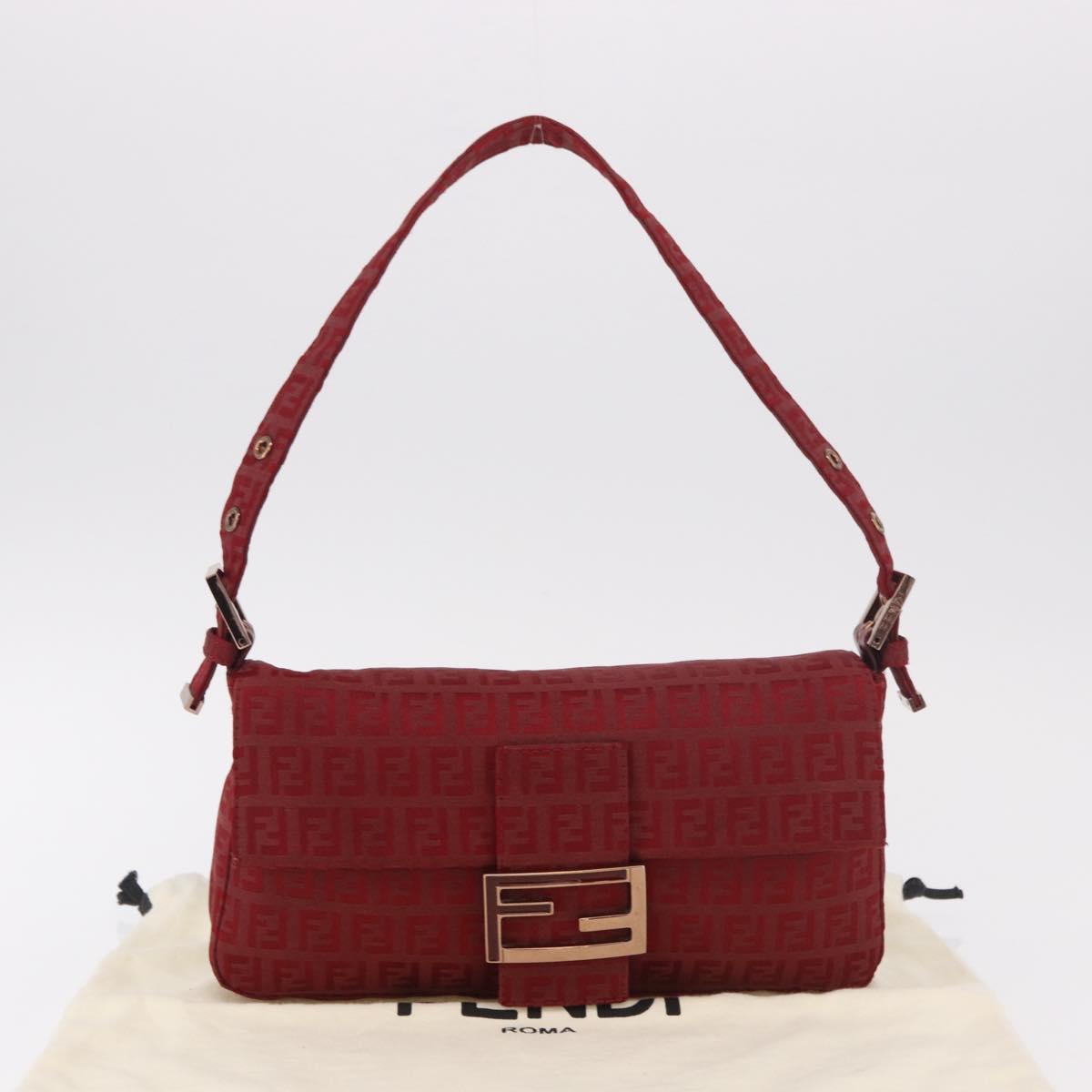 FENDI Zucchino Canvas Mamma Baguette Shoulder Bag Red Gold Auth 187576SAM
