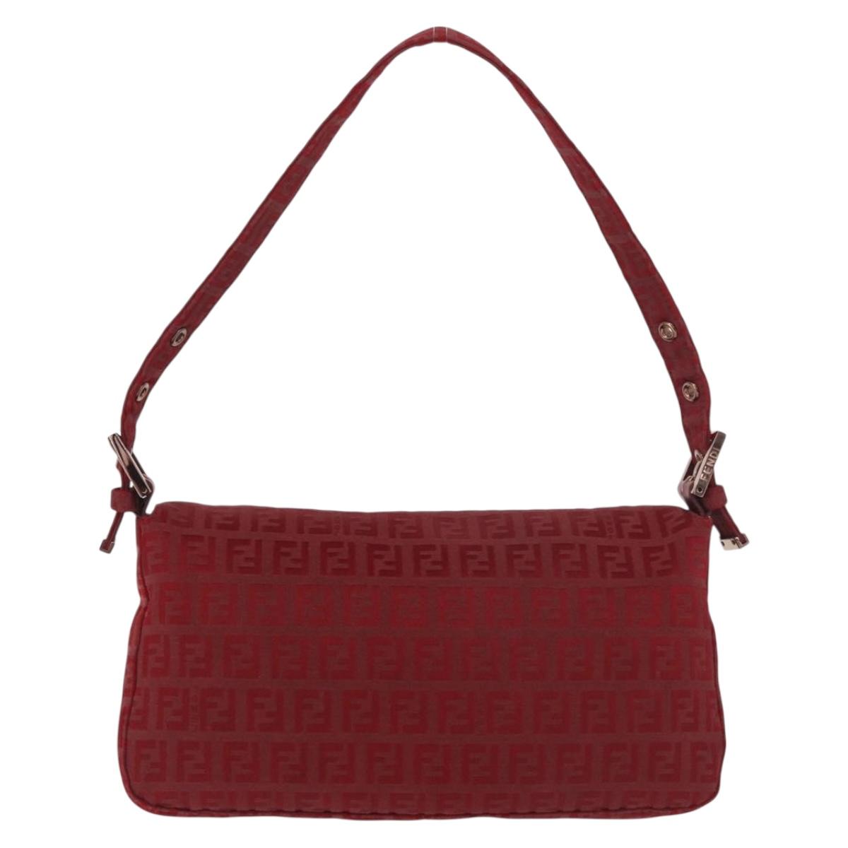 FENDI Zucchino Canvas Mamma Baguette Shoulder Bag Red Gold Auth 187576SAM
